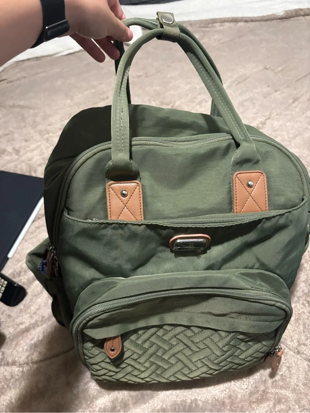 Olivia + Joy Olive Green Quilted Front Backpack with Tan Trim